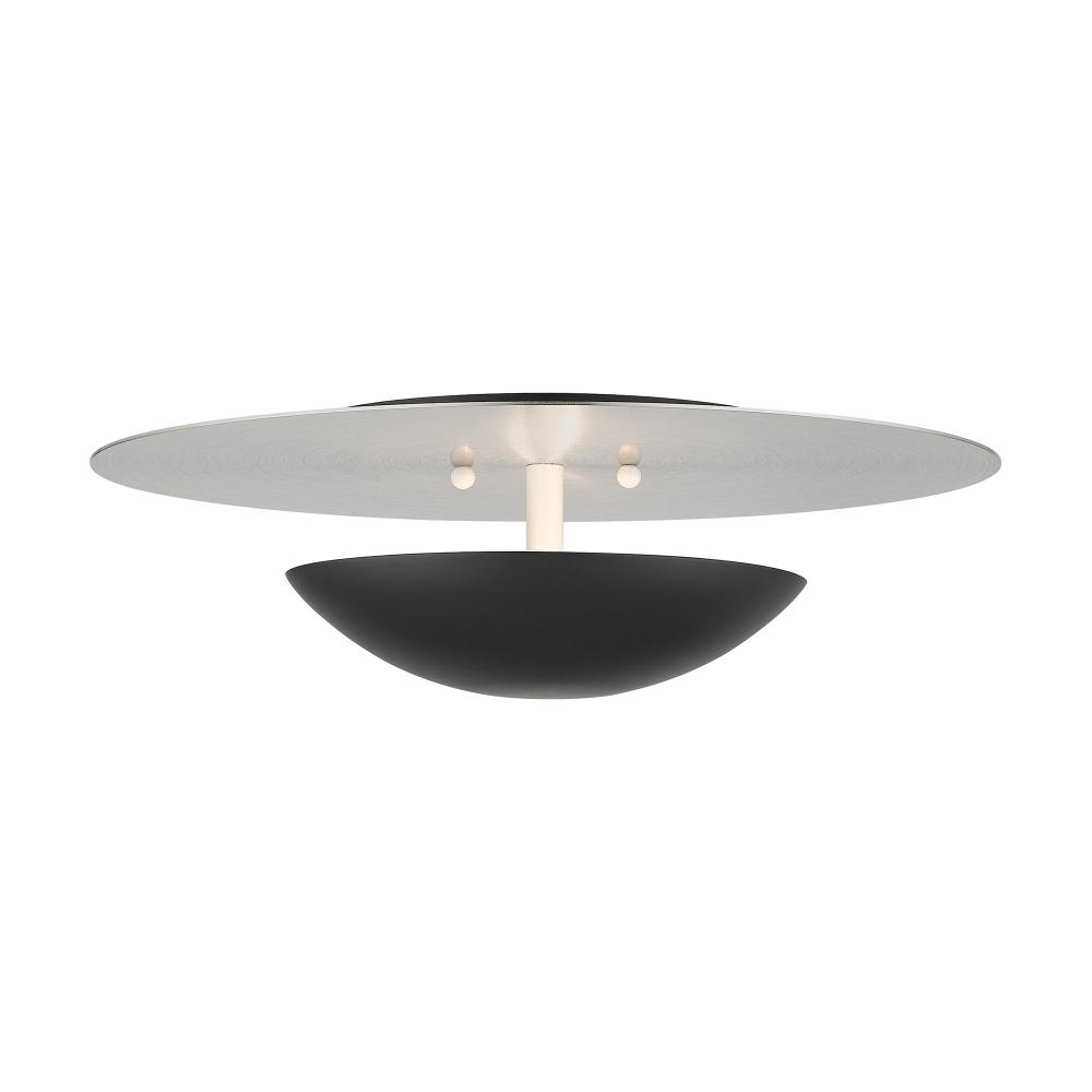 2 Light Black Large Semi-Flush/ Wall Sconce with Brushed Nickel Reflector Backplate