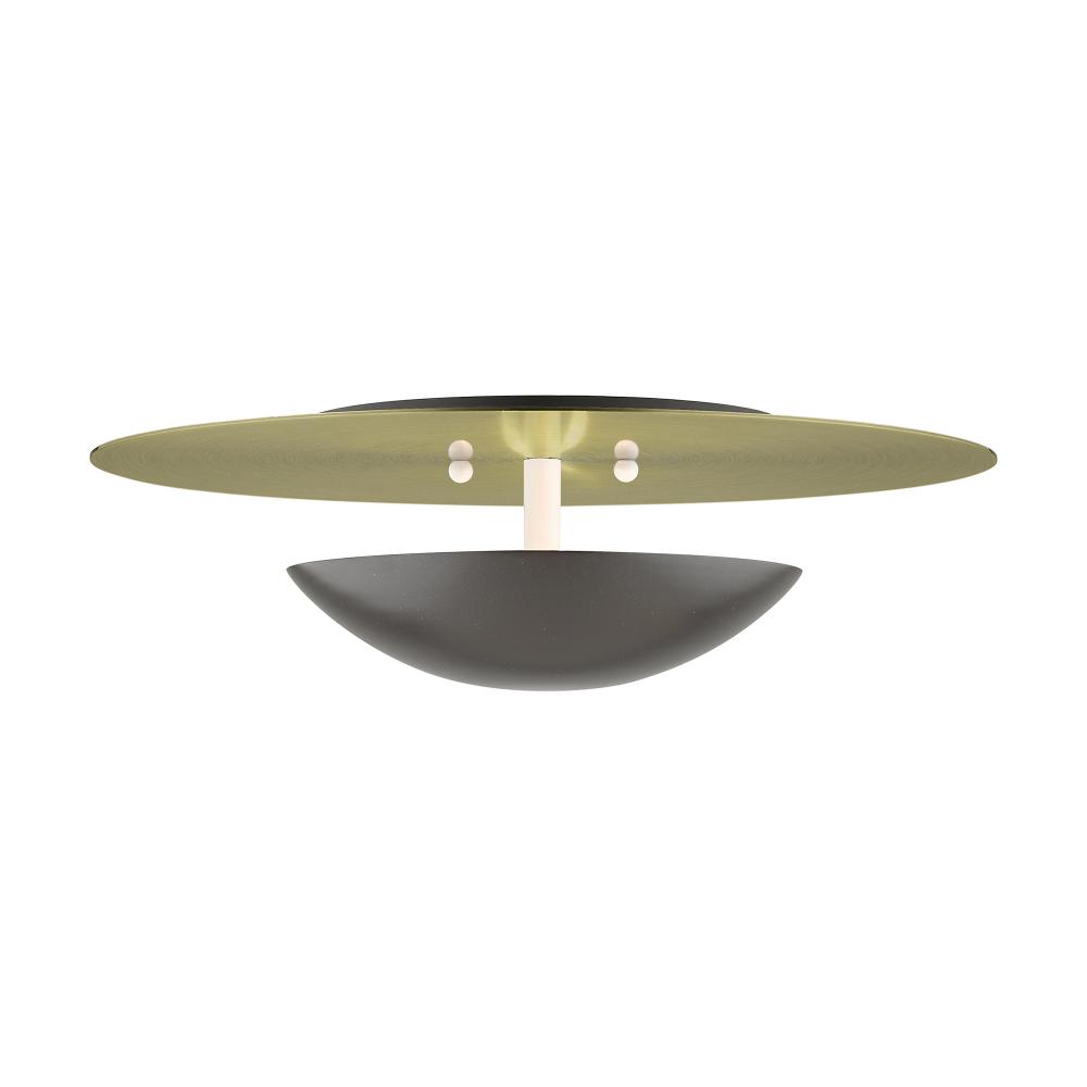 2 Light English Bronze Large Semi-Flush/ Wall Sconce with Antique Brass Reflector Backplate