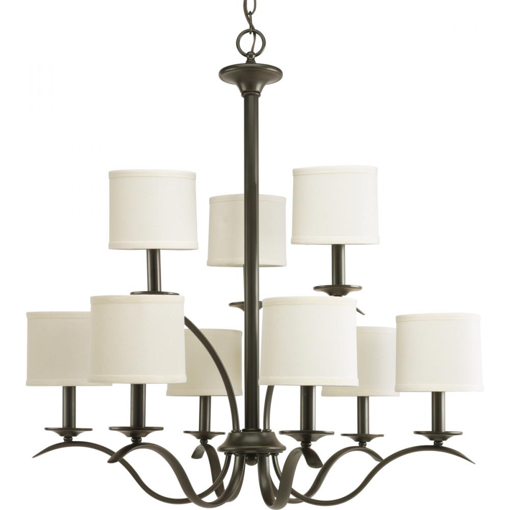 Inspire Collection Nine-Light Antique Bronze Off-White Linen Shade Traditional Chandelier Light