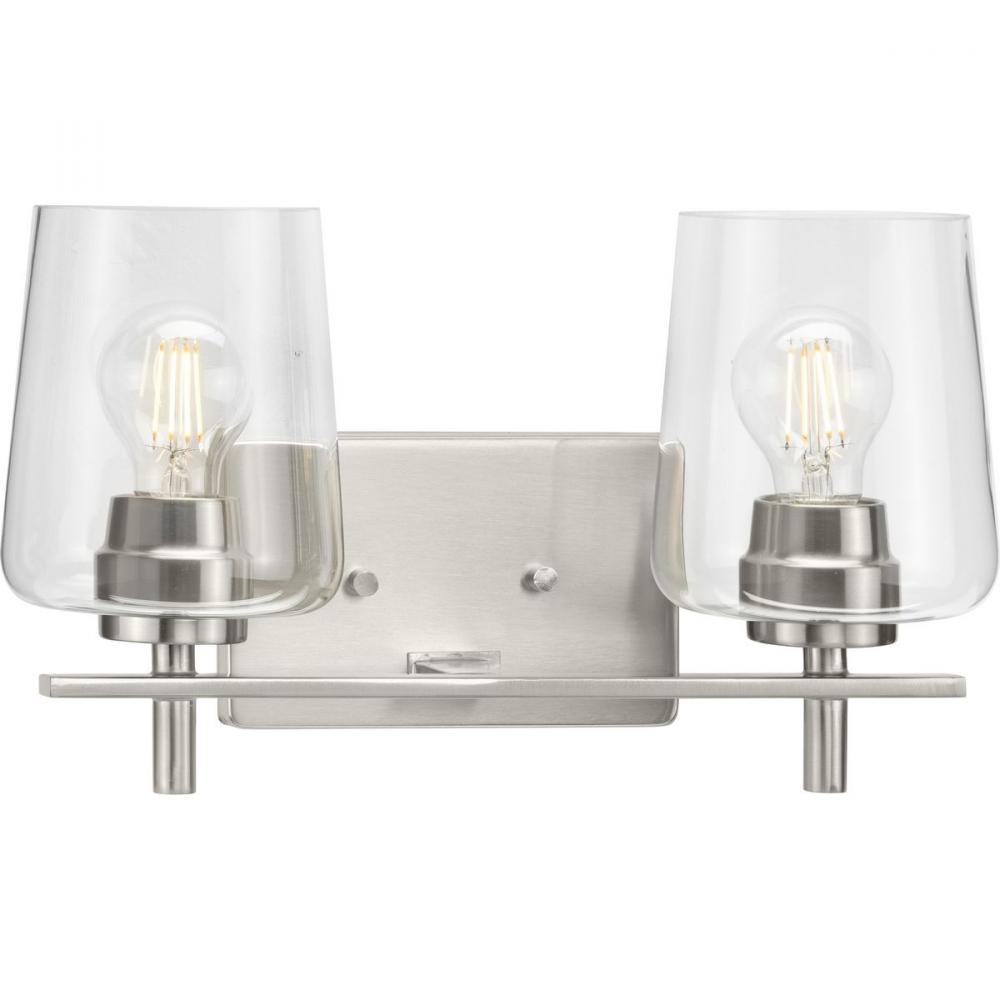 Calais Collection Two-Light New Traditional Brushed Nickel Clear Glass Bath Vanity Light