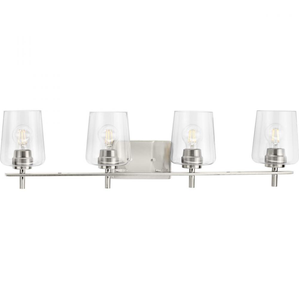 Calais Collection Four-Light New Traditional Brushed Nickel Clear Glass Bath Vanity Light