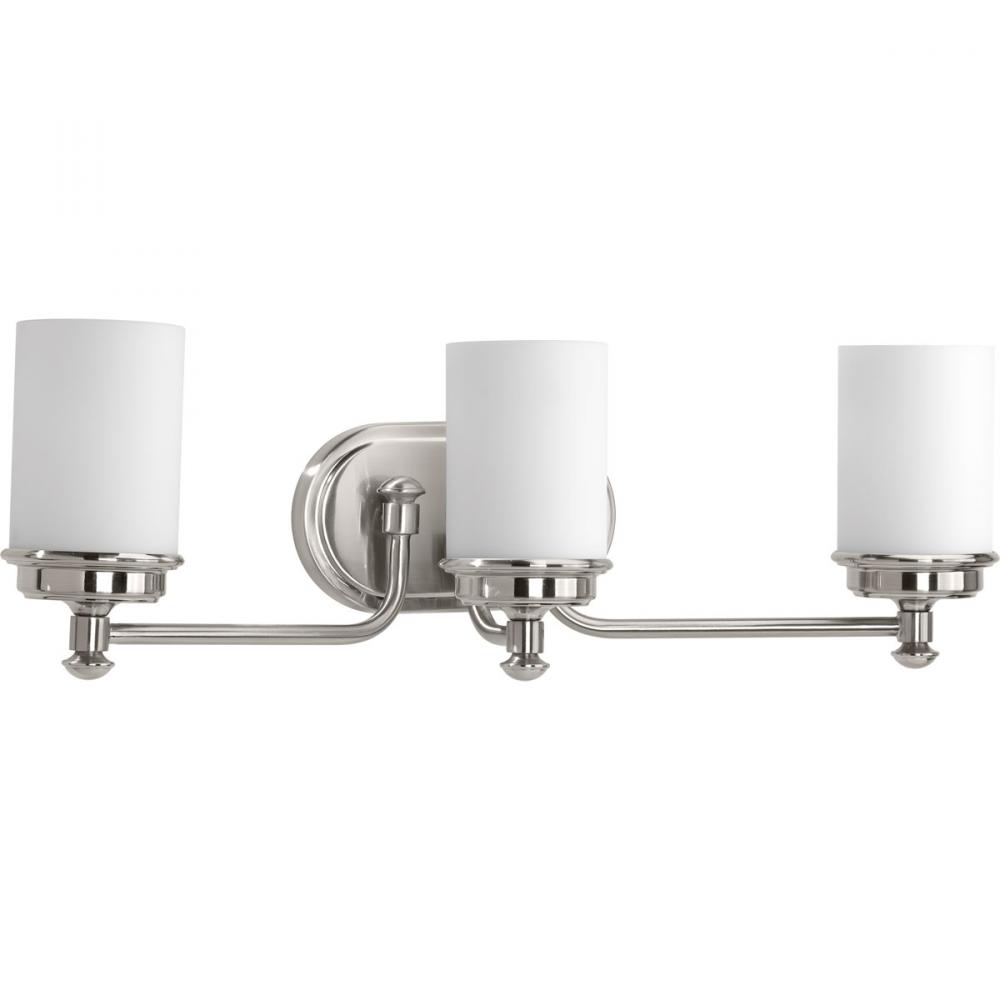 Glide Collection Three-Light Brushed Nickel Etched Opal Glass Coastal Bath Vanity Light