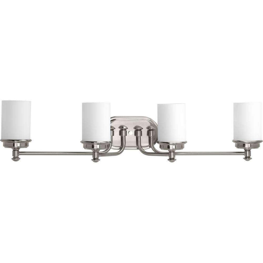 Glide Collection Four-Light Brushed Nickel Etched Opal Glass Coastal Bath Vanity Light