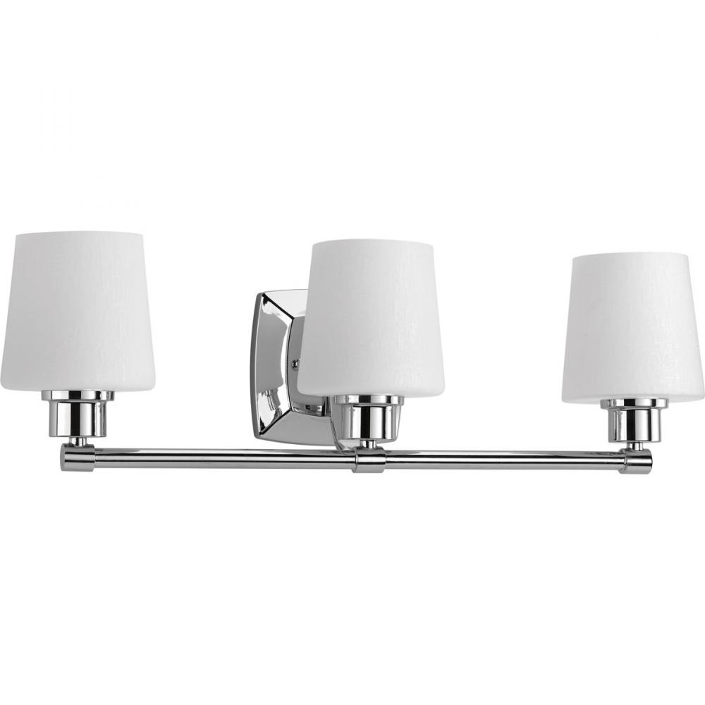 Glance Collection Three-Light Polished Chrome Etched White Linen Glass Farmhouse Bath Vanity Light