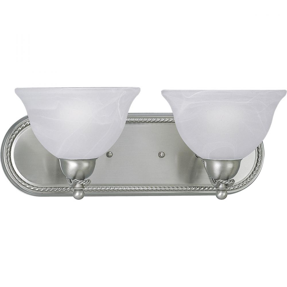 Avalon Collection Two-Light Brushed Nickel Alabaster Glass Traditional Bath Vanity Light