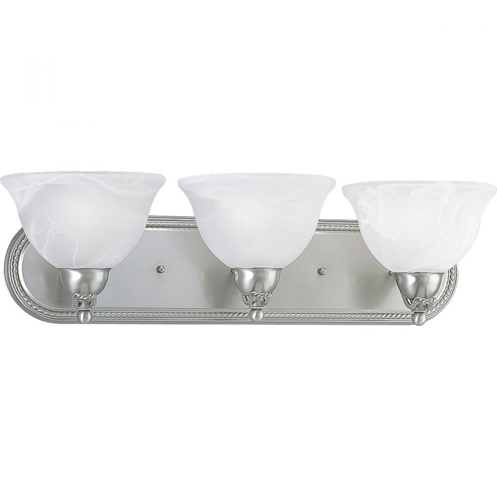 Avalon Collection Three-Light Brushed Nickel Alabaster Glass Traditional Bath Vanity Light