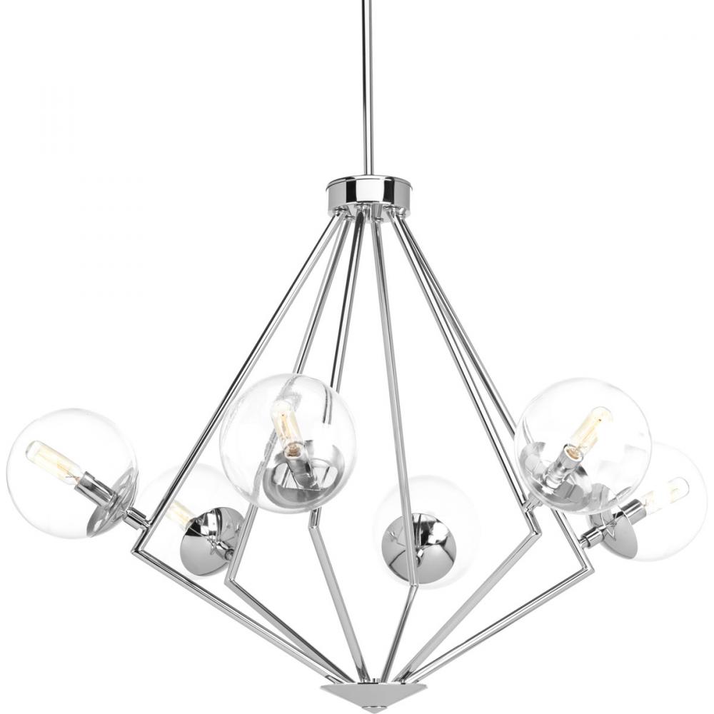 Mod Collection Six-Light Polished Chrome Clear Glass Mid-Century Modern Chandelier Light