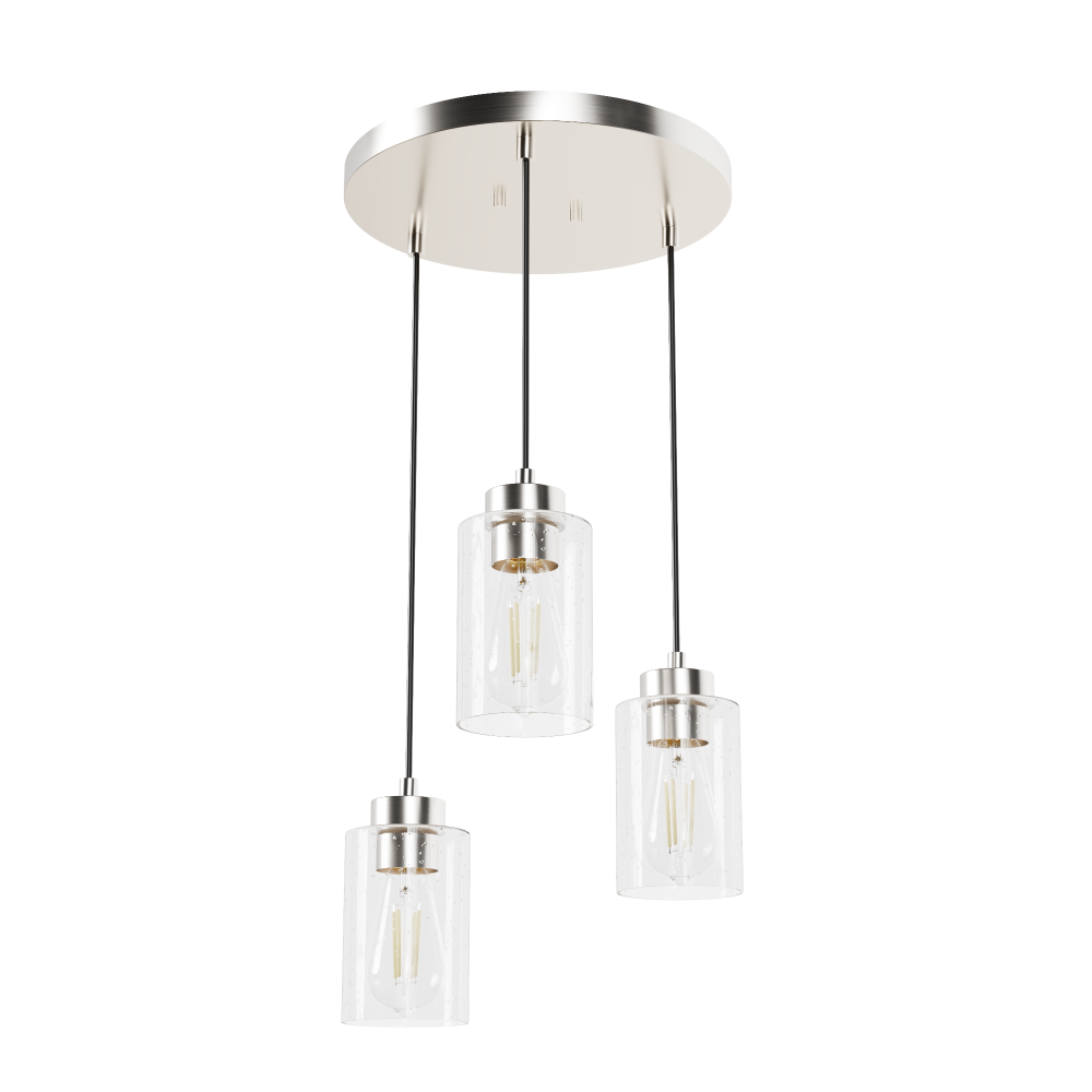 Hunter Hartland Brushed Nickel with Seeded Glass 3 Light Pendant Cluster Ceiling Light Fixture
