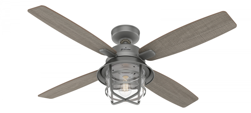 Hunter 52 inch Port Royale Matte Silver Damp Rated Ceiling Fan with LED Light Kit and Handheld Remot