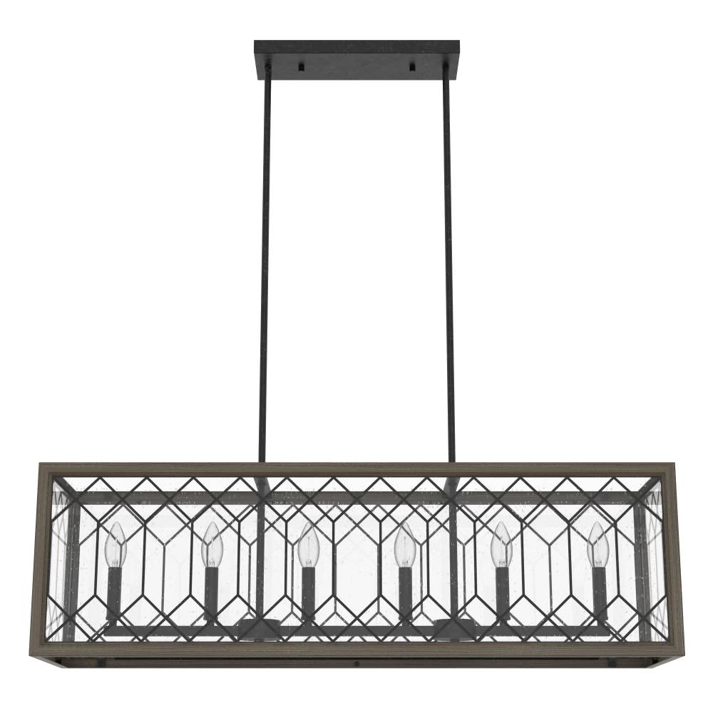 Hunter Chevron Rustic Iron and French Oak with Seeded Glass 6 Light Chandelier Ceiling Light Fixture