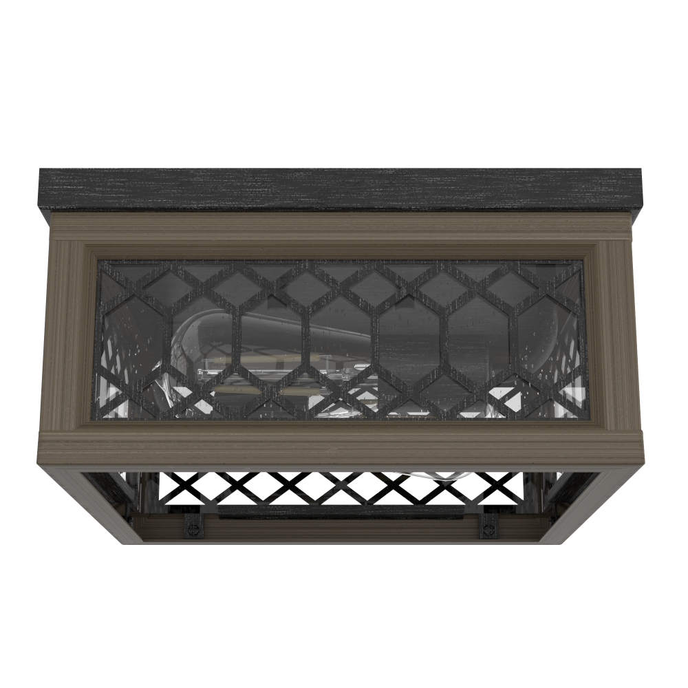 Hunter Chevron Rustic Iron and French Oak with Seeded Glass 2 Light Flush Mount Ceiling Light Fixtur