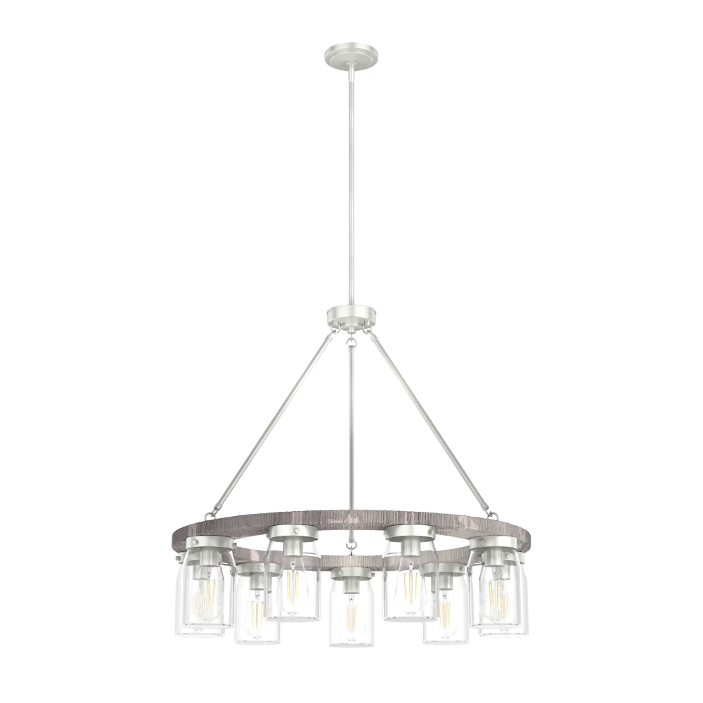Hunter Devon Park Brushed Nickel and Grey Wood with Clear Glass 9 Light Chandelier Ceiling Light Fix