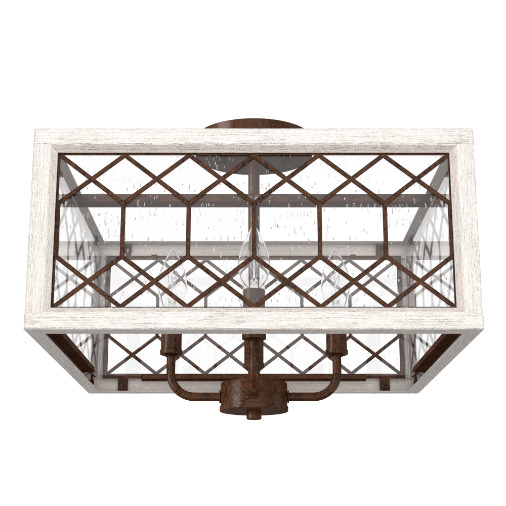 Hunter Chevron Textured Rust and Distressed White with Seeded Glass 4 Light Flush Mount Ceiling Ligh