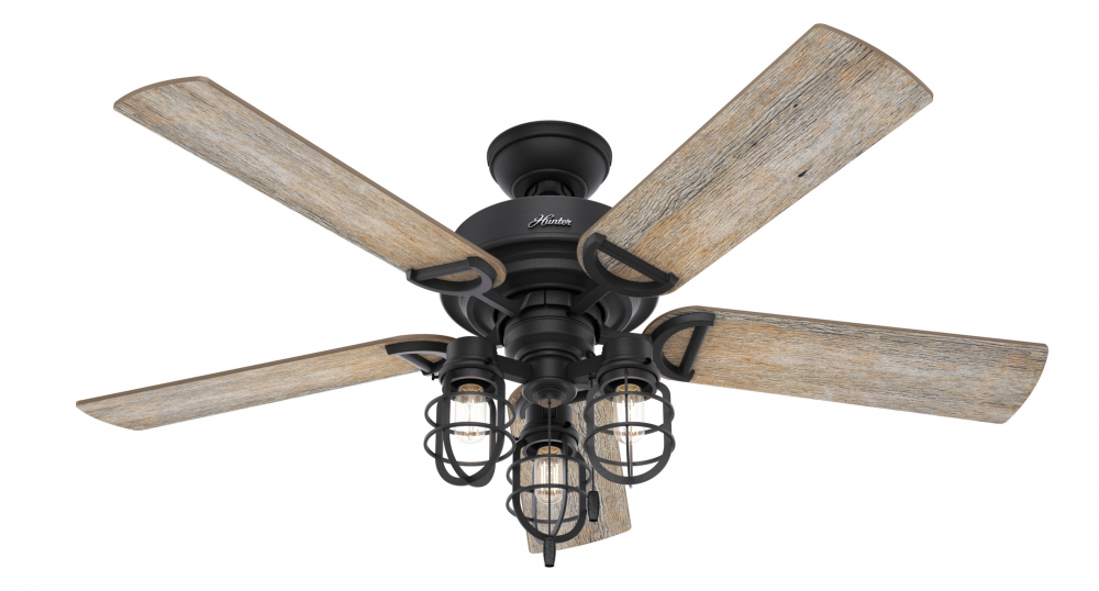 Hunter 52 inch Starklake Natural Black Iron Damp Rated Ceiling Fan with LED Light Kit and Pull Chain