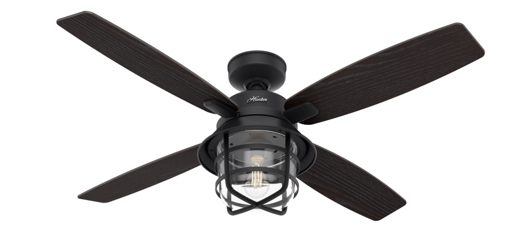 Hunter 52 inch Port Royale Natural Black Iron Damp Rated Ceiling Fan with LED Light Kit and Handheld