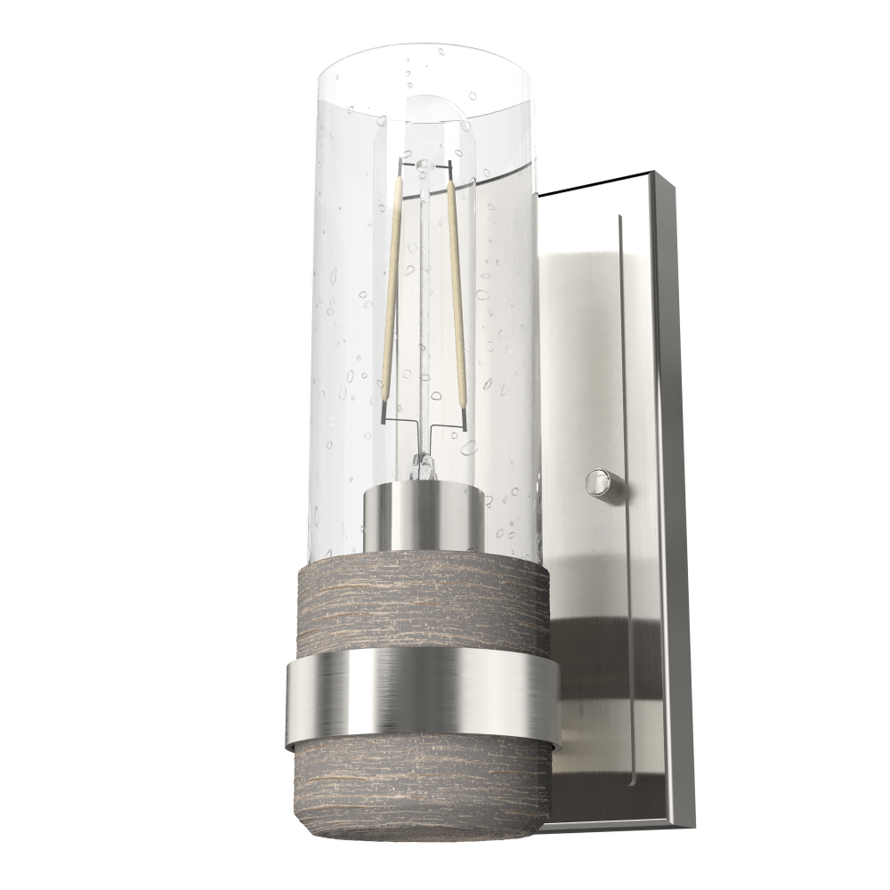 Hunter River Mill Brushed Nickel and Gray Wood with Seeded Glass 1 Light Sconce Wall Light Fixture