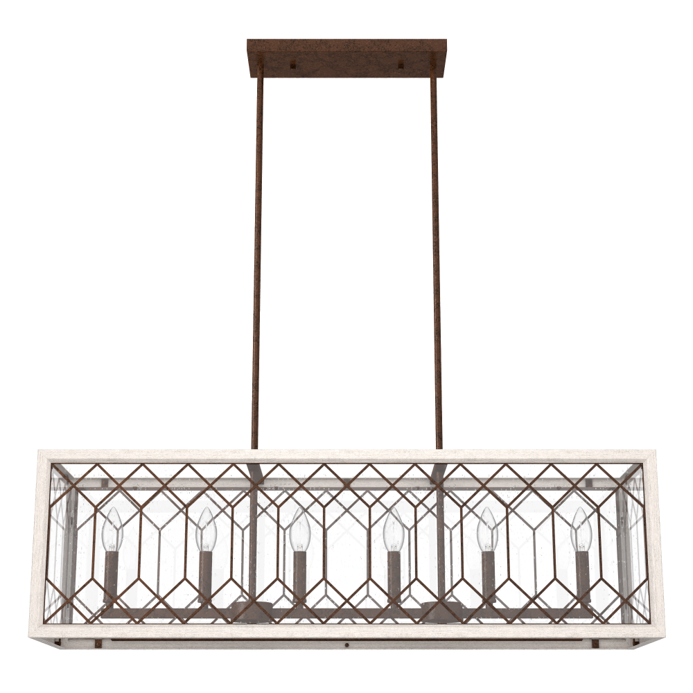 Hunter Chevron Textured Rust and Distressed White with Seeded Glass 6 Light Chandelier Ceiling Light