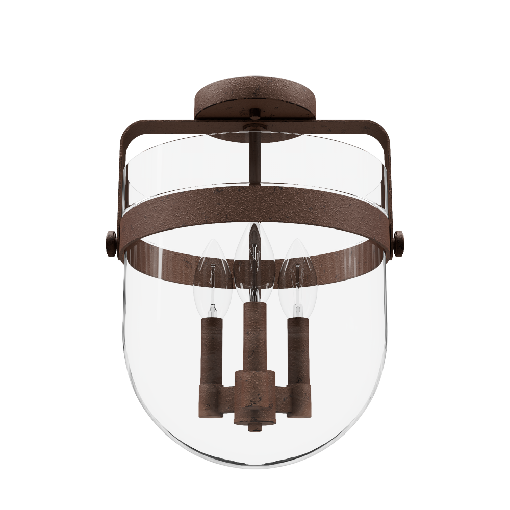 Hunter Karloff Textured Rust with Clear Glass 3 Light Flush Mount Ceiling Light Fixture