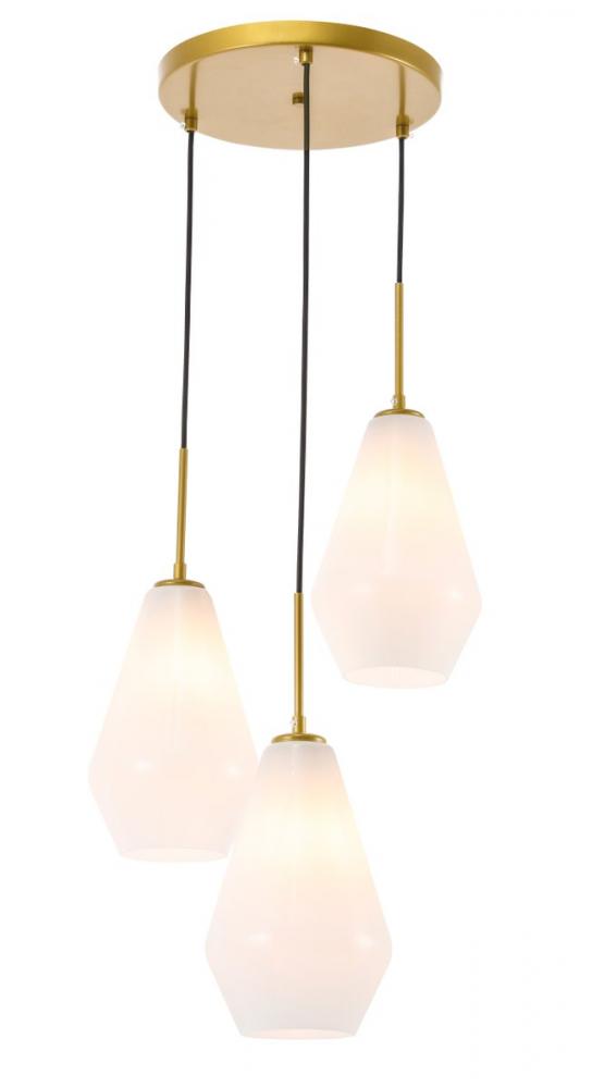Gene 3 Light Brass and Frosted White Glass Pendant