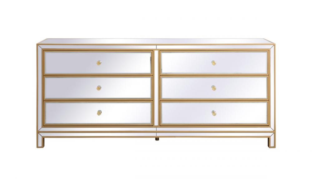 Reflexion 72 In. Mirrored Six Drawer Chest in Gold