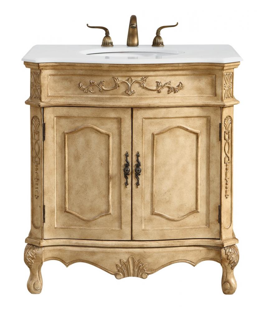 32 Inch Single Bathroom Vanity in Antique Beige with Ivory White Engineered Marble