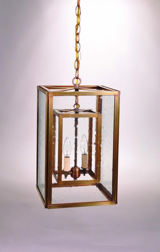 Square Hanging Inside Square Antique Copper 2 Candelabra Sockets Clear Seedy Glass