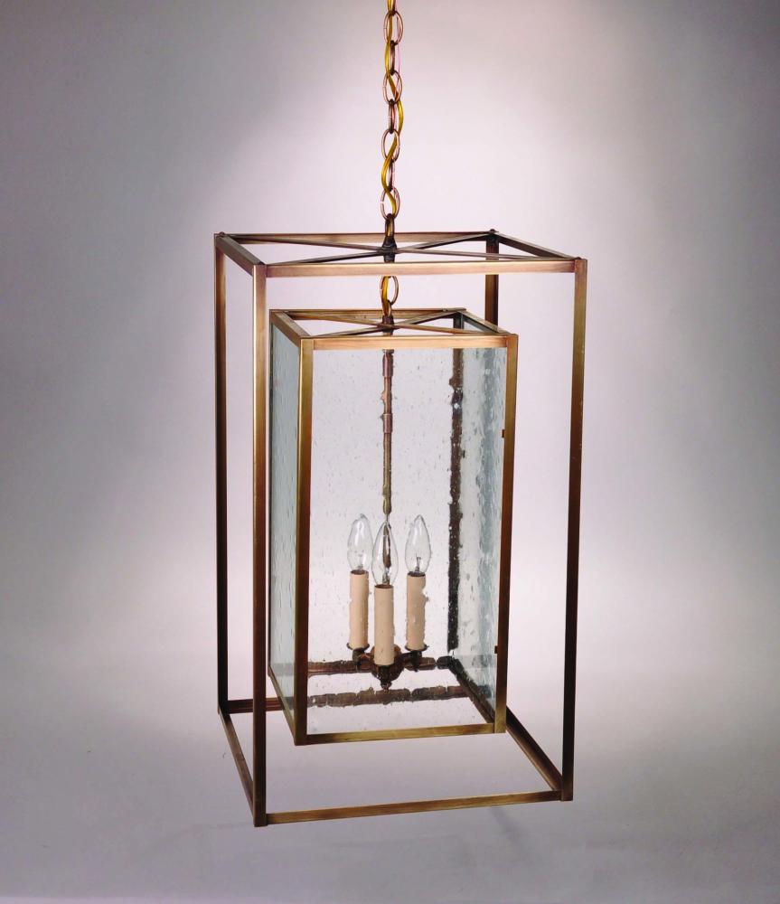 Square Hanging Inside Square Antique Brass 3 Candelabra Sockets Clear Seedy Glass